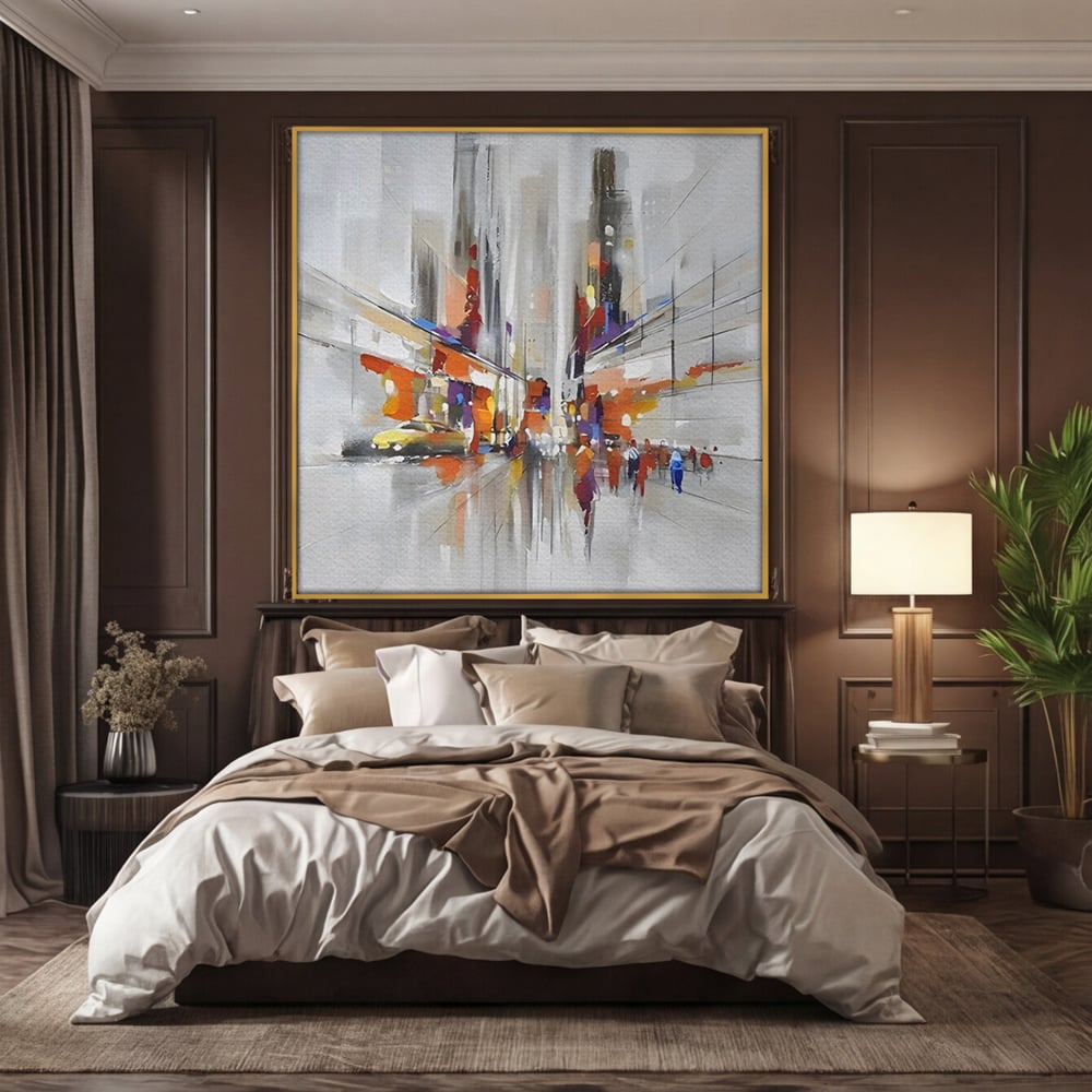 Tablou canvas cu pictura abstracta cu peisaj urban, in rama de aluminiu auriu, pe perete intr-un dormitor